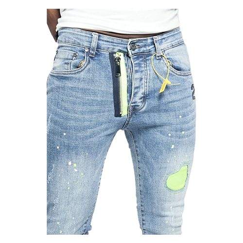 CON-001c Neon Green And Blue Distressed Slim Jeans