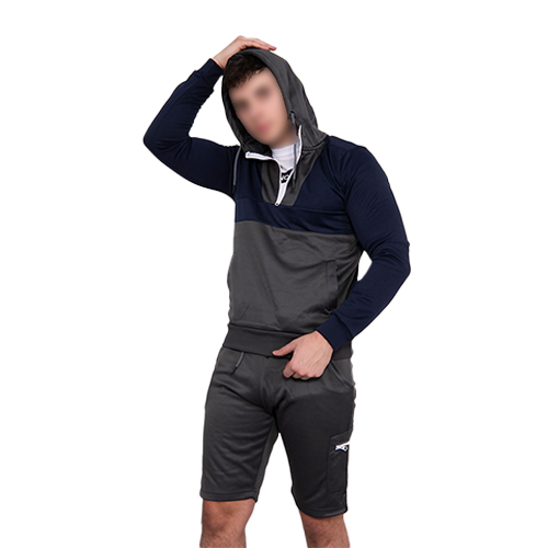 Grey Two Tone Half Zip Hooded Short Set