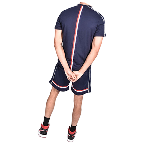 TS2462b Navy Tape Striped Back Piped Short Set