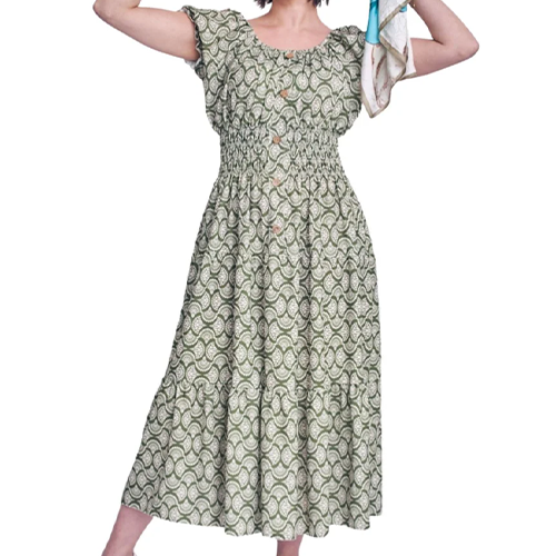 11523913-12946a Geometric Print Shirred Waist Button Details Dress