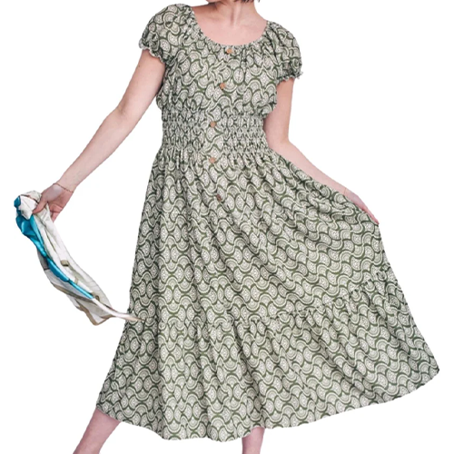 Geometric Print Shirred Waist Button Details Dress