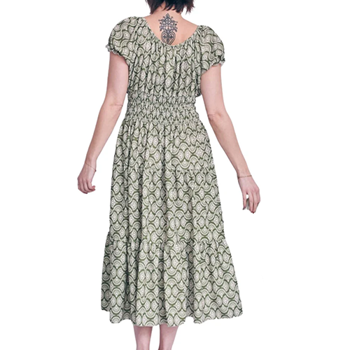 11523913-12946c Geometric Print Shirred Waist Button Details Dress