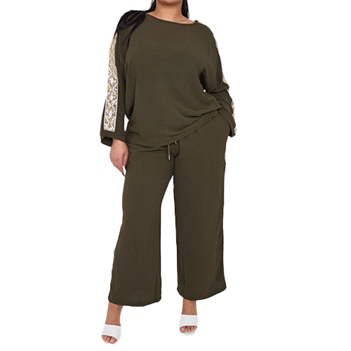 Plain Side Sequin Lace Drawstring Waistband Co-Ord Set