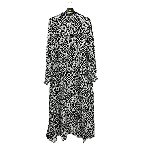 38329116-1255e Aztec Print Shirred Cuff Drawstring Waist Dress