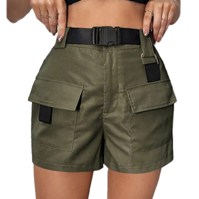 Flap Pocket Buckle Belted Cargo Shorts