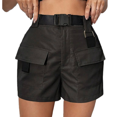 Flap Pocket Buckle Belted Cargo Shorts